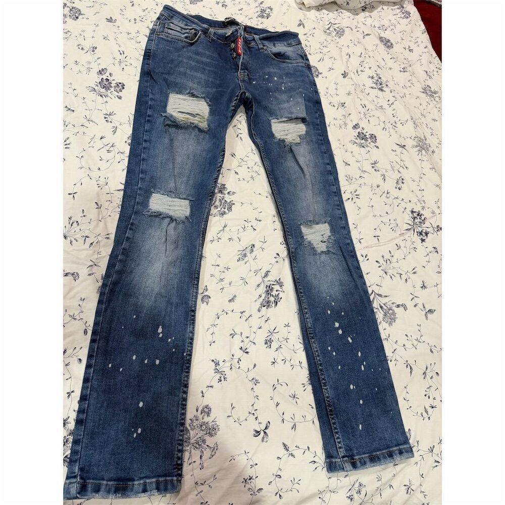 Rowir Jeans Men's Distressed Slim Fit Denim Jeans Blue Size 31x32